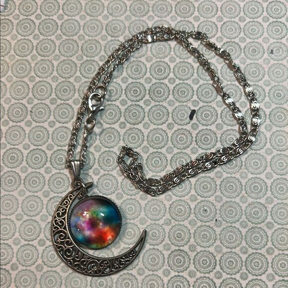 Silver Crescent Moon Necklace with Multicolor Pendant - Picture 1 of 5